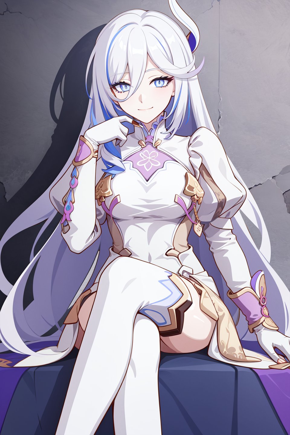 <lora:羽兔-000013:0.75>,yutu honkai3rd,long hair,hair between eyes,solo,looking at viewer,gloves,closed mouth,smile,breasts,blue eyes,hair ornament,very long hair,long sleeves,white thighhighs,dress,crossed legs, 1girl,,  (masterpiece,best quality:1.2),absurdres