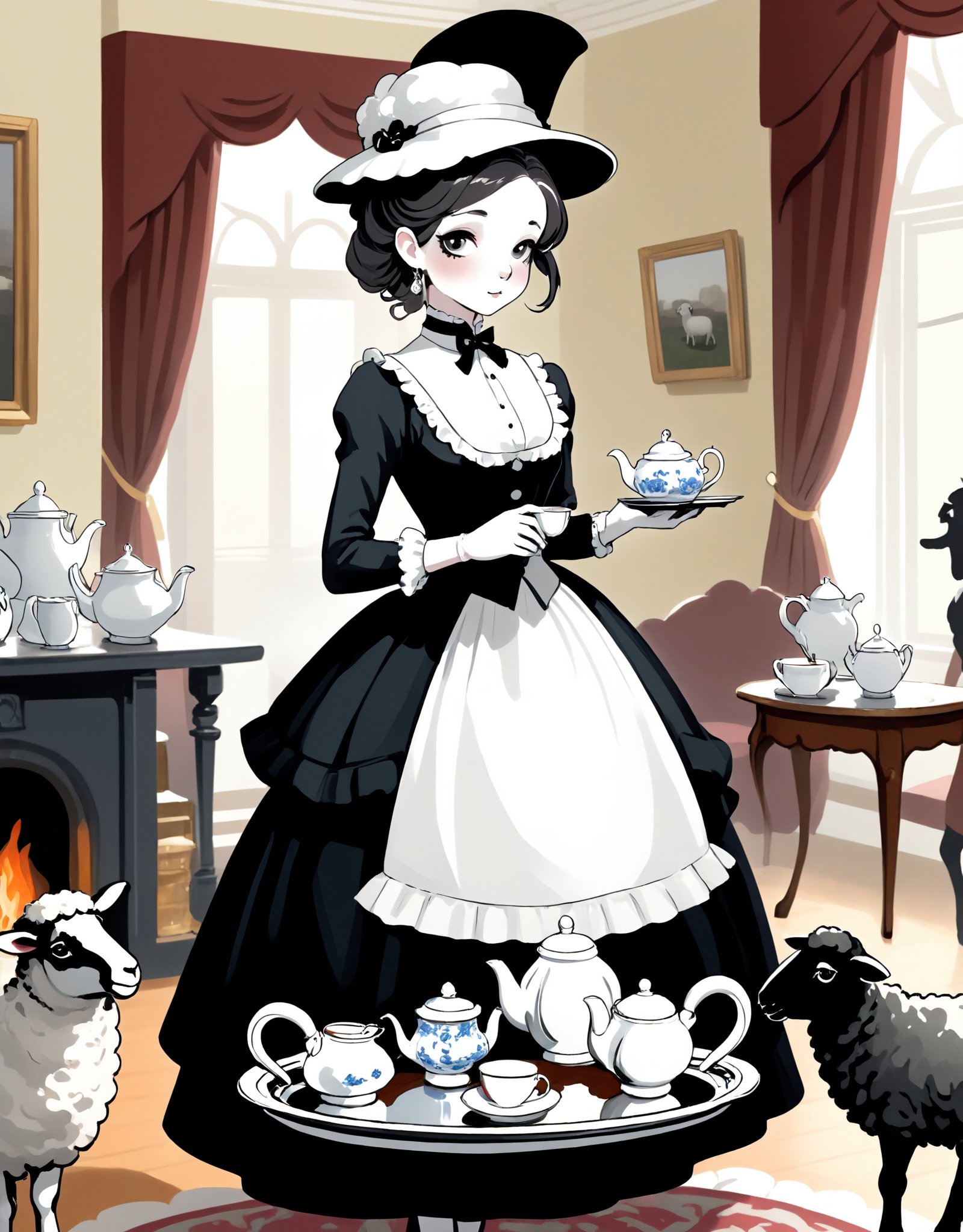 Illustration of a sheep butler standing elegantly in a formal black and white attire, holding a silver tray with a teapot and a teacup, serving a young lady sheep wearing a frilly dress and a sophisticated hat in a Victorian-style living room with antique furniture and a fireplace, while other sheep servants bustle in the background preparing for a refined tea party.