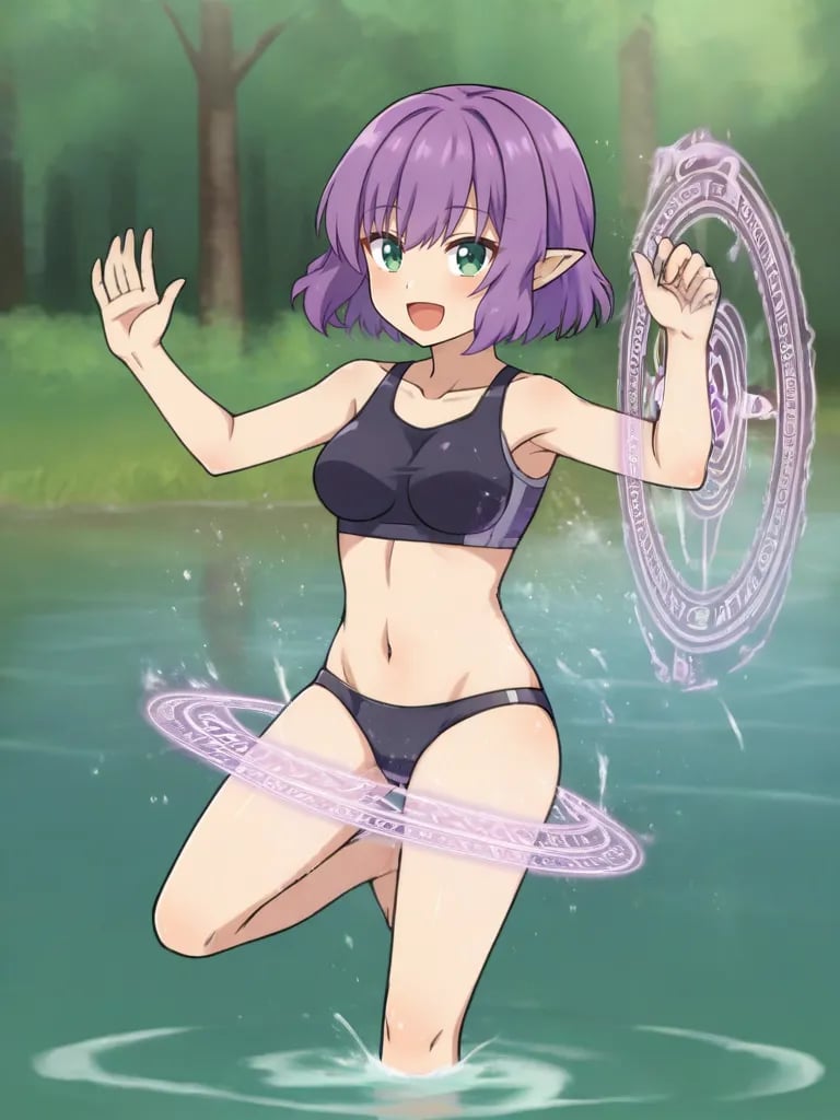 <lora:noelgmeister2pony:0.7>1girl, solo, noelgm2, purple hair, short hair, green eyes, pointy ears, medium breasts, black swimsuit, outdoors, lake, water splash, dancing, magic circle, open mouth, smile, looking at viewer