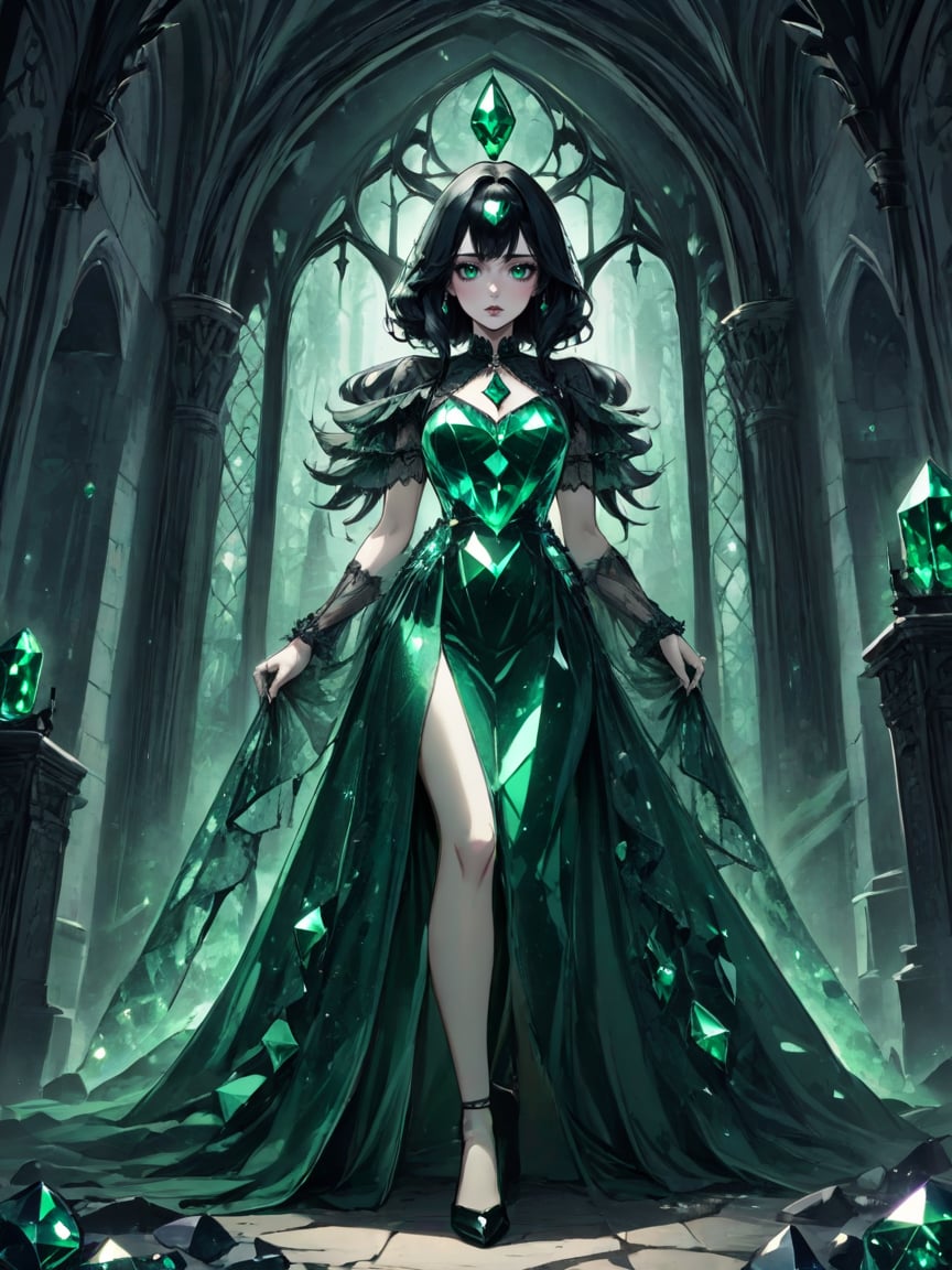 Gothic style beautiful woman wearing an emerald (crystalline dress) <lora:xl_crystalline_dress-1.0:0.8> . Dark, mysterious, haunting, dramatic, ornate, detailed