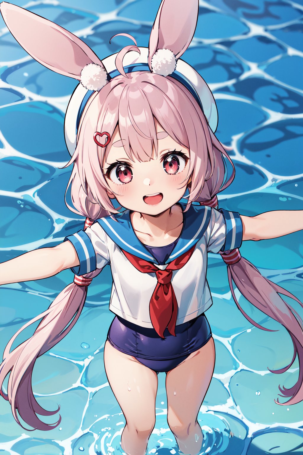 masterpiece, best quality, highres, bbtomari, long hair, low twintails, ahoge, rabbit ears, animal ear fluff, white headwear, hairclip, serafuku, red neckerchief, white shirt, swimsuit under clothes, school swimsuit, <lora:tomari_mari_v1:0.7>, poolside, outstretched arms, standing, from above, smile, open mouth,