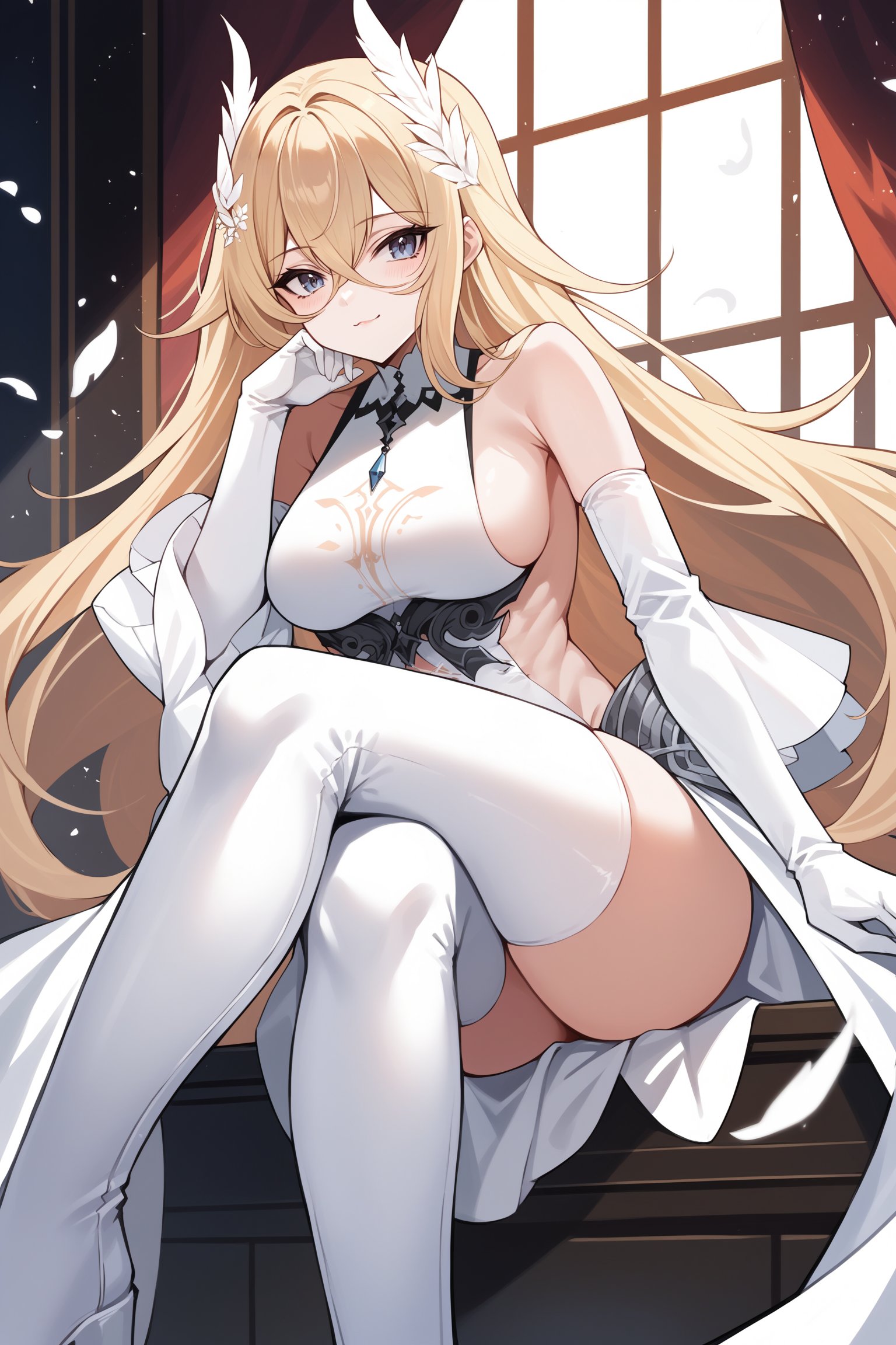 score_9, score_8_up, score_7_up, , rating_sensitive,nsfw, 1girl  ,bydsd, long hair,  wing hair ornaments, white leotard, elbow gloves, detached wide sleeves, underbust, faulds, overskirt, white thigh boots, source_anime, <lora:BayardPDCAMEq1v1 AL:1>, indoors, cowboy shot, abstract, spotlight, naughty face, alluring, sitting, hugging own legs, head rest