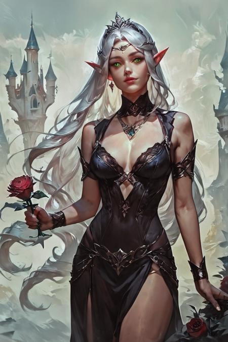 score_9, score_8_up, score_7_up, rating_safe, concept art, realistic, 1girl, solo, elf, pointy ears, breasts, long hair, very long hair, white hair, green eyes, portrait, looking at viewer, black dress, tiara, silver tiara, holding, holding flower, rose, red rose, necklace, jewelry, cowboy shot, standing, outdoors, castle <lora:Concept Art 2 Style LoRA_Pony XL v6:1>