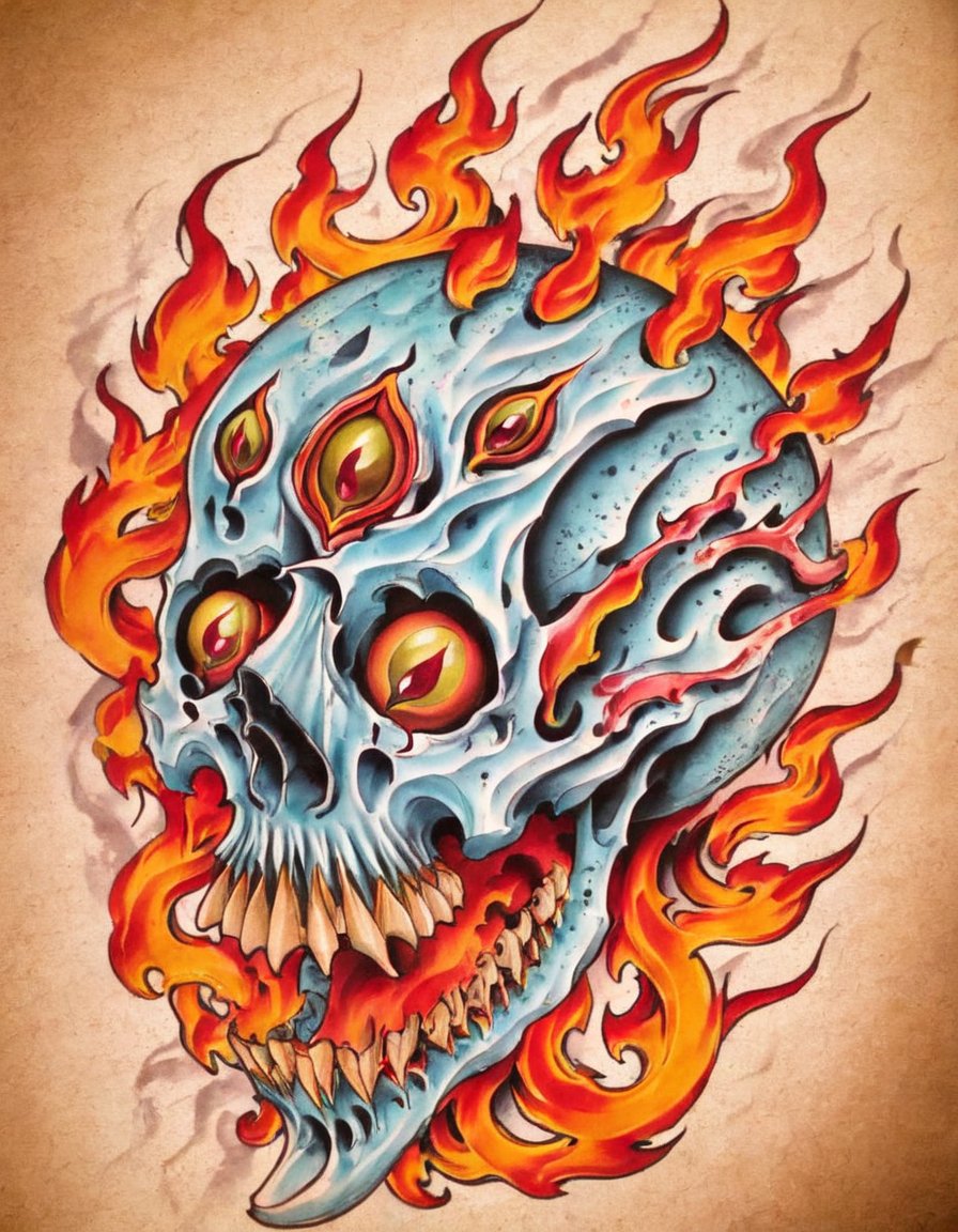 <lora:t3v3-000006:0.8>t3v3, t3v3, tattoo, skull, third eye, flames