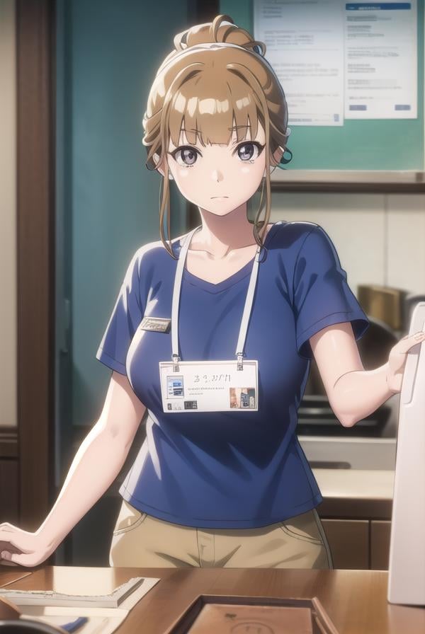 hinatamiyake, <lora:hinata miyake s1-lora-nochekaiser:1>,hinata miyake, short hair, brown hair, (brown eyes:1.5),BREAK shirt, short sleeves, uniform, blue shirt, name tag, id card, employee uniform,BREAK indoors,BREAK looking at viewer,BREAK <lyco:GoodHands-beta2:1>, (masterpiece:1.2), best quality, high resolution, unity 8k wallpaper, (illustration:0.8), (beautiful detailed eyes:1.6), extremely detailed face, perfect lighting, extremely detailed CG, (perfect hands, perfect anatomy),