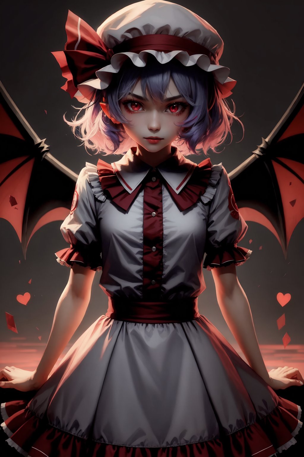 remilia_scarlet,solo,1girl,bat_wings,looking_at_viewer,mob_cap,puffy_short_sleeves,hat_ribbon<lora:remilia_scarlet:1>,simple background,white backgroundmasterpiece,best quality, highly detailed, 