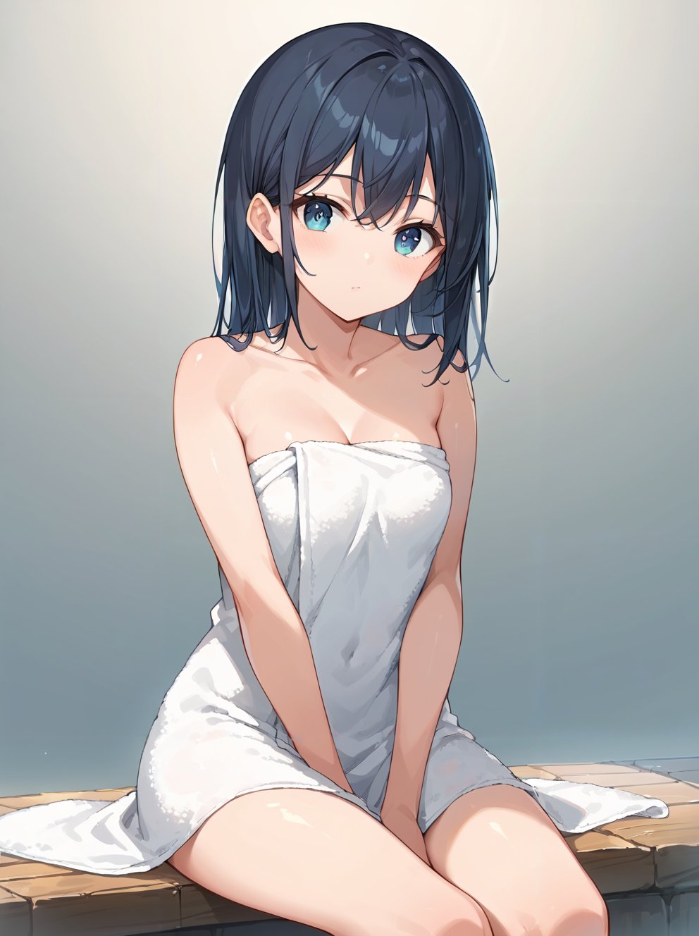 score_9, score_8_up, score_7_up,source_anime, high res image,masterpiece,best quality,girl,cute face,clear skin,shiny hair,ultra detailed eyes,simple background, <lora:naked towel_pony_V1.0:1.2> naked towel, towel,sitting