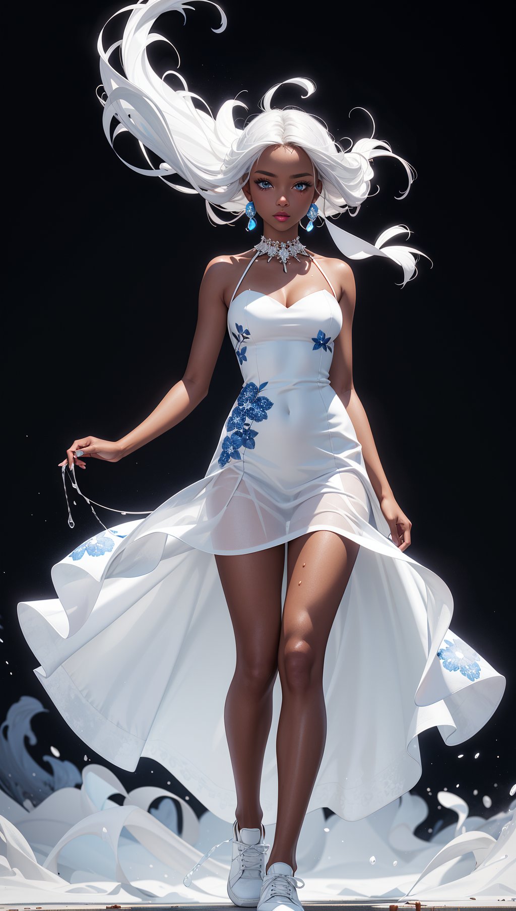 a woman with white hair and blue eyes,in a white dress with a black background and a splashs of paint all over,Celestial Skin,dark skin,flower-pattern,see-through white dress,black under cloths,facing viewer,hair blowing in the wind,white shoes,fantasy,white fires all over,