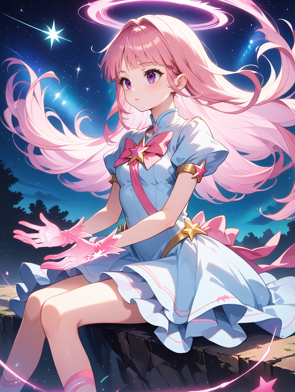 score_9, score_8_up, score_7_up,source_anime,magical girl, sitting with legs dangling over edge, relaxed expression, long pink hair with silver strands, light blue dress with intricate designs, radiant energy, twilight sky, starry sky with shooting stars, soft moonlight, perfect body proportions, detailed hands, vibrant colors 