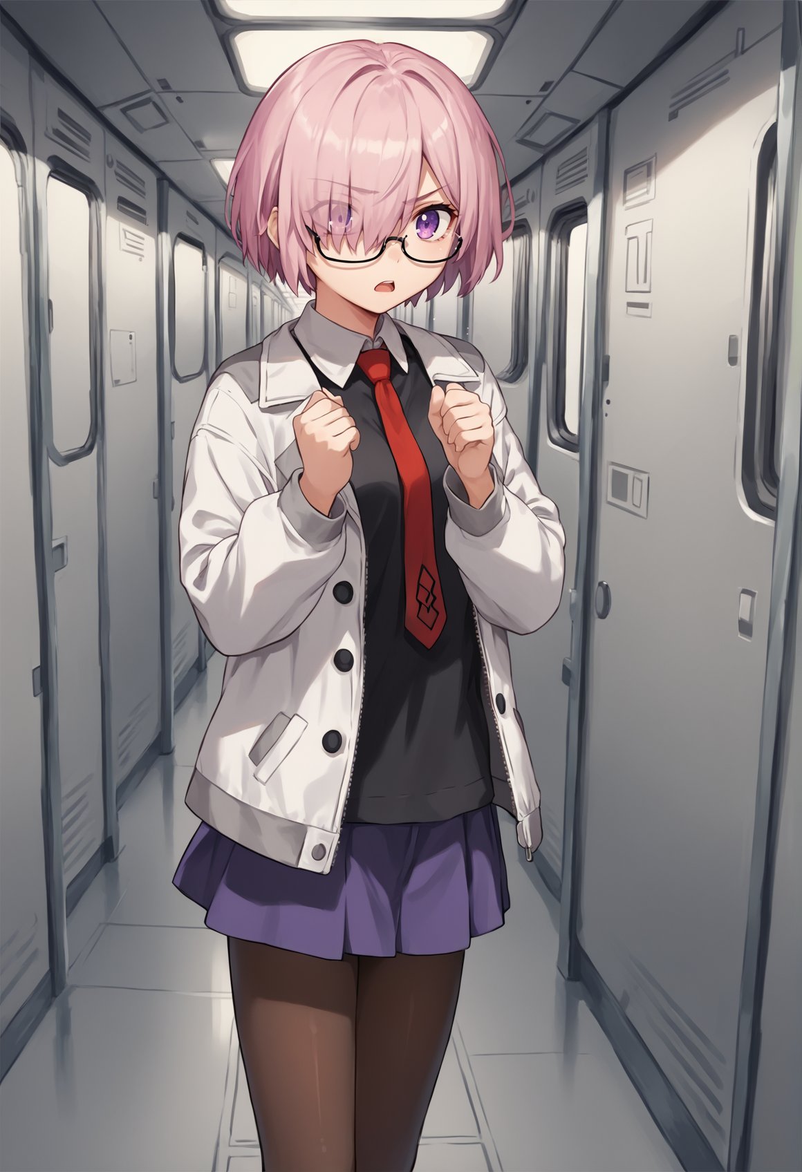 1girl, short hair, pink hair, purple eyes, hair over one eye, black shirt, white collar, red necktie, Two-Tone Jacket, white jacket, grey sleeves, long sleeves, skirt, pantyhose, spacecraft interior, hallway, x arms, serious, :o, open mouth, glasses <lora:Mashu:1>, score_9, score_8_up, score_7_up, score_6_up, score_5_up, score_4_up, BREAK source_anime, masterpiece