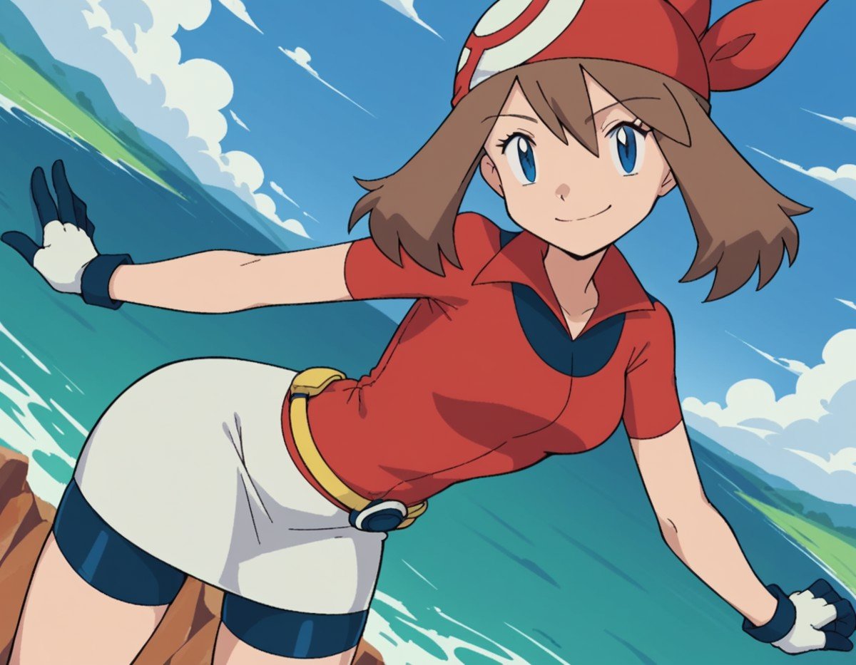 score_9, score_8_up, score_7_up, source_anime, <lora:pokemon-may-anime-ponyxl-lora-nochekaiser:1>, pokemonmay, blue eyes, brown hair, bandana, long hair, red bandana, twintails, hair between eyes,, bike shorts, collared shirt, gloves, microskirt, multicolored shirt, pencil skirt, red shirt, shirt, short sleeves, skirt, white skirt,, landscape, bent over, smile,, looking at viewer, solo, cowboy shot, dutch angle