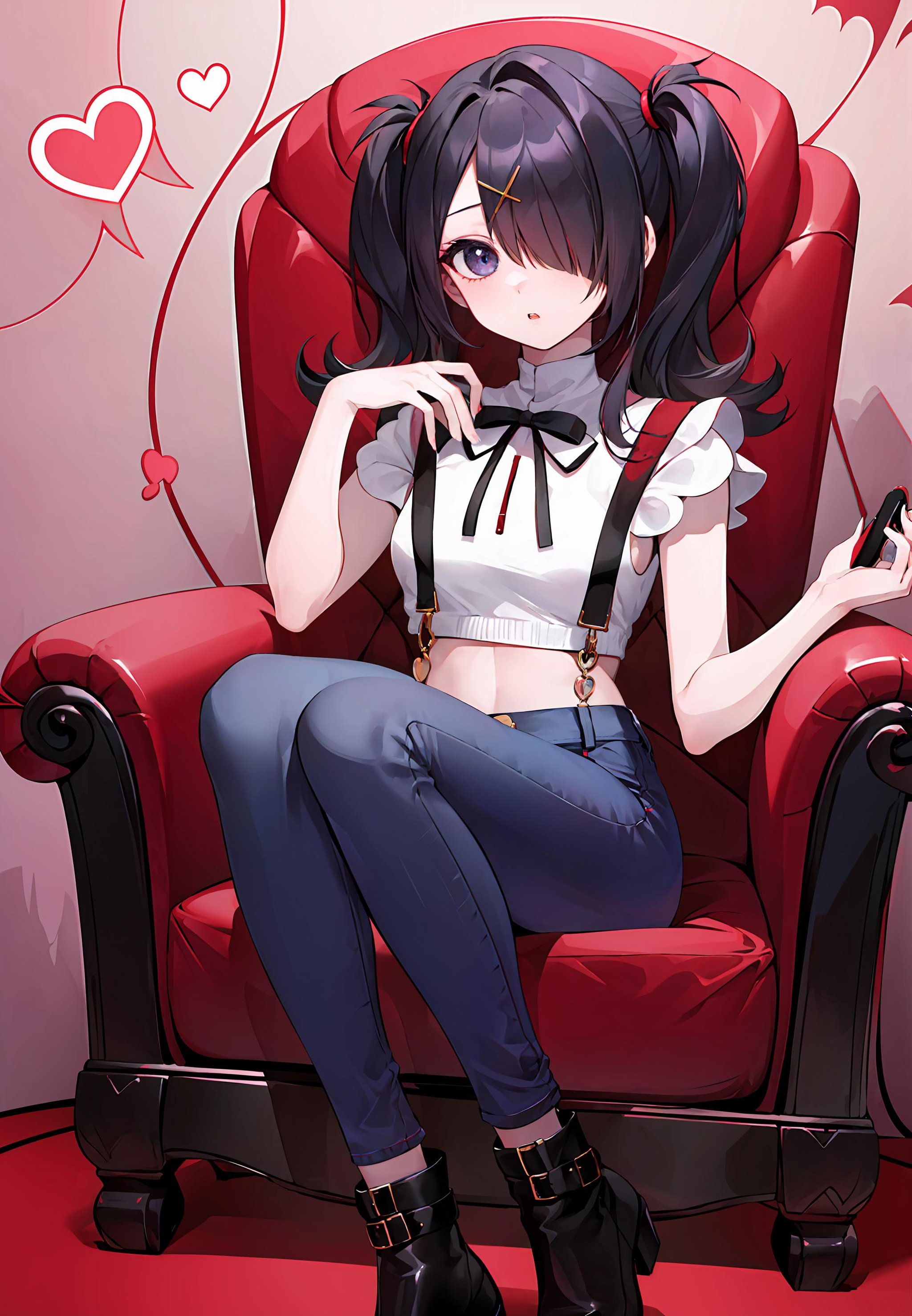 ((masterpiece,best quality)), 1girl, solo, amechan, hair over one eye, High-waisted jeans, cropped sweater, ankle boots,