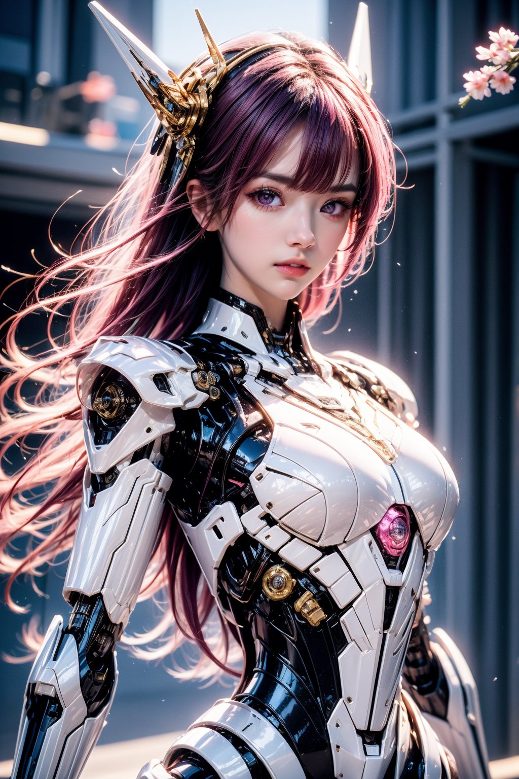 1girl, solo, long hair, pink hair, looking at viewer, blurry, blurry background, breasts, headgear, pink eyes, lips, petals, floating hair, very long hair, upper body, joints, medium breasts, android, depth of field, science fiction, falling petals, closed mouth, parted lips, robot joints, purple eyes, light particles, pink lips, building, hair ornament, mechanical arms, eyelashes, outdoors, swept bangs, mechanical parts, small breasts, standing, expressionless