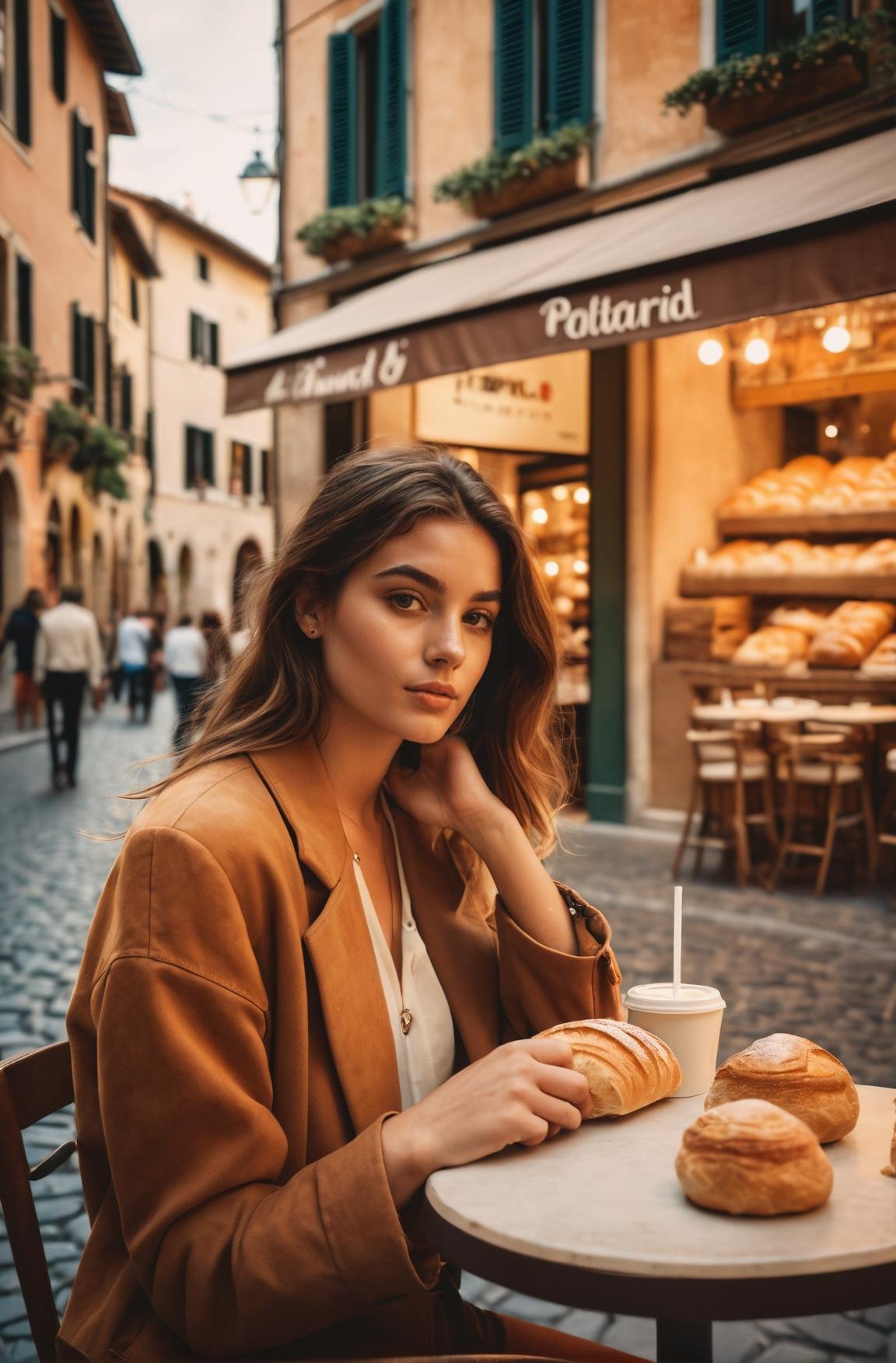 In the streets of Italy,a young woman is sitting outside a cafe,polaroid,realistic,highres,The street is lined with various shops,filled with a variety of bread,pastries,and beverages,Dusk movie filter,Warm color tones,