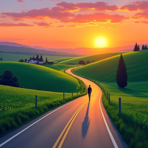 Produce an image of a tranquil countryside road at sunset in the style of David Hockney. The road winds through rolling hills covered in lush greenery, with a few scattered trees and a distant farmhouse. The sky is painted with warm hues of orange, pink, and purple as the sun sets. Include a figure walking along the road, casting a long shadow. The overall mood should be peaceful and reflective, with a focus on the natural beauty of the landscape.