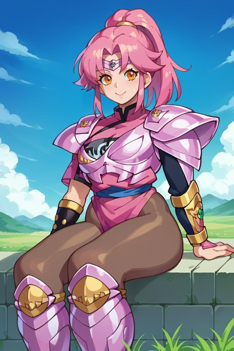 score_9, score_8_up, score_7_up, score_6_up, source_anime, BREAK 1girl, solo  <lora:dqmaam-pdxl-nvwls-v1-000005:1> armorMaam, pink hair, orange eyes, ponytail, armored dress, pink armor, armored legwear, single gauntlet, pantyhose, sitting, ledge, from below, blue sky, field, looking at you, smile