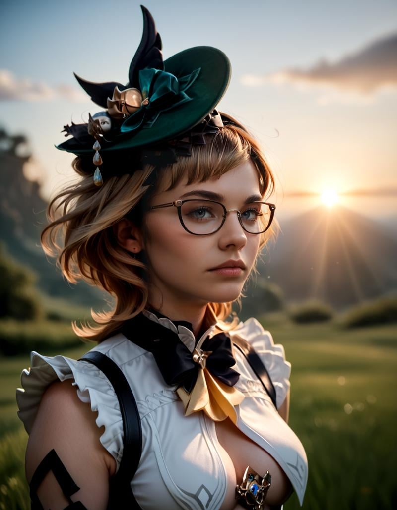 score_9, score_8_up, score_7_up,em1lie, official_costume, looking afar,portrait, side view,floating hair,wind, serious, focused,(realistic:1.5),photorealistic, octane render,(hyperrealistic:1.2),(skindentation:1.3),(photorealistic face:1.2),(1girl:1.4),(skindentation:1.3),best quality,dynamic pose,sharp focus,(8k), (4k),(Masterpiece), (Best Quality), fantasy, extremely detailed, intricate, hyper detailed, (perfect face), illustration,soft lighting,(specular lighting:1.4),outdoors, sunset, <lora:emilie:0.9>