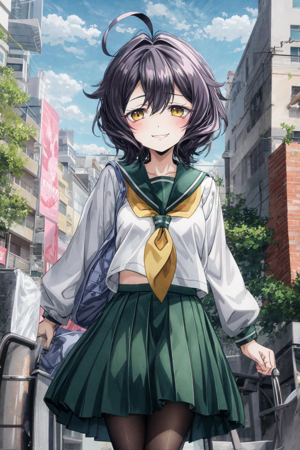 hiiragiutena, short hair, black hair, ahoge, yellow eyes, school uniform, serafuku, long sleeves, green skirt, long skirt, pantyhose, smile, city <lora:hiiragi_utena:0.8>  <lora:add_detail:1>