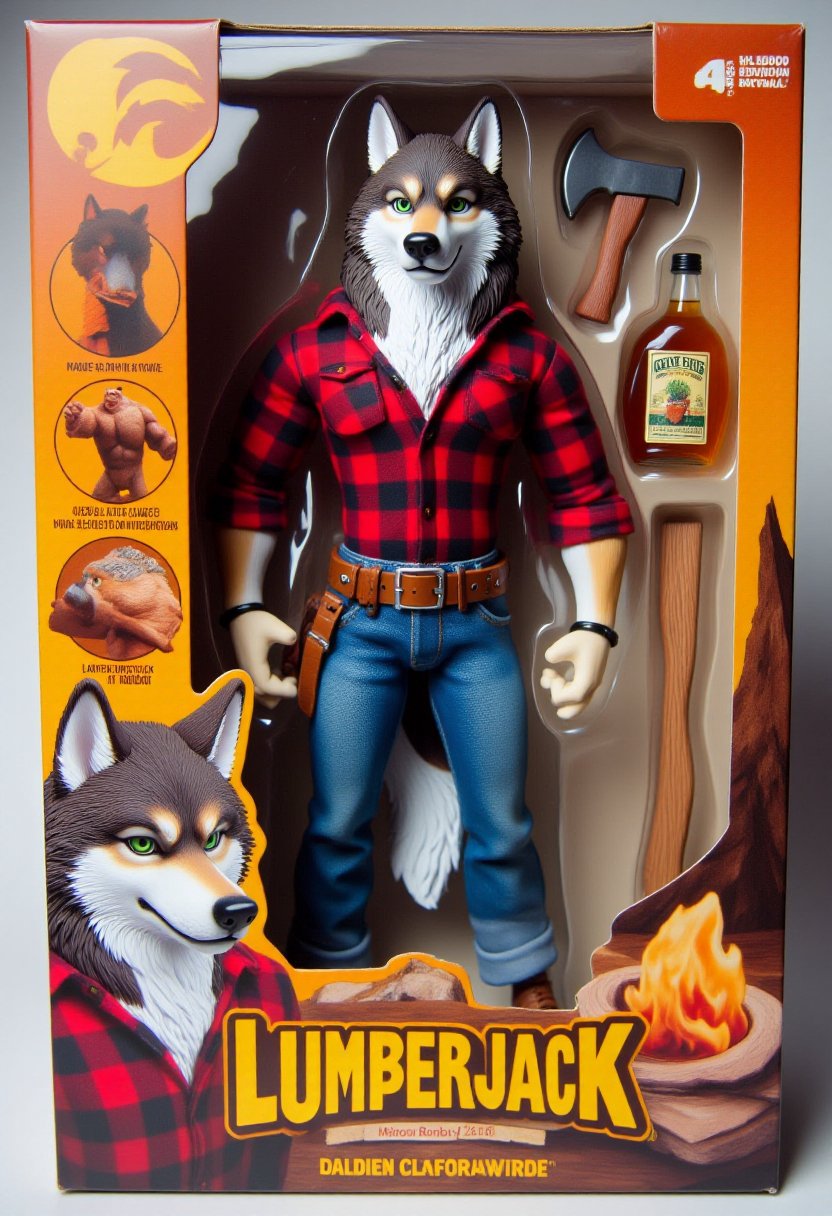 The image is a photograph of a packaged action figure box for a character named Lumberjack. The box features a stylized, cartoonish design with vibrant colors and detailed illustrations. The main figure is an anthropomorphic wolf dressed as a lumberjack, standing upright on the front of the box. The wolf has a muscular build, wearing a red and black plaid shirt with the sleeves rolled up, blue jeans, and a brown belt. Accessories in the package include wood chopping axe and a bottle of maple syrup.  <lora:Action_Figurator_F1D:1>