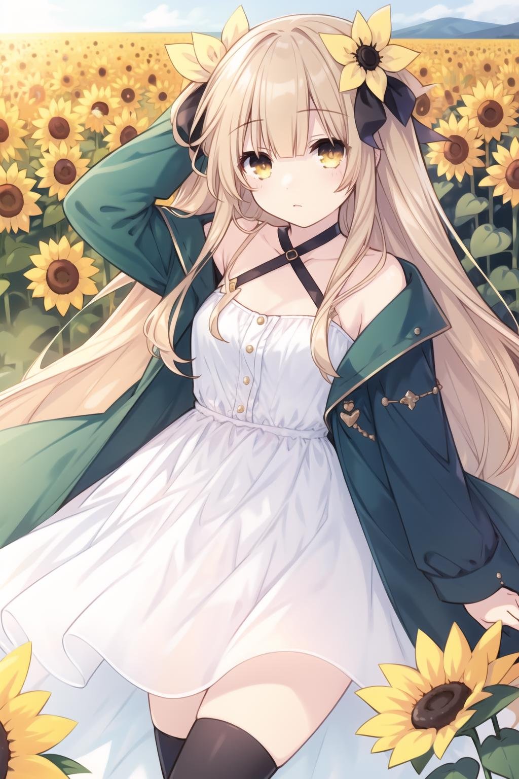 1girl,solo,sharp focus,absurdres,best quality,long hair,bangs,blunt bangs,light brown hair,relaxing,outdoors,sunflower field,cute,innocent,virtual youtuber,white dress,x hair ornament,striped thighhigh,single thighhigh,open jacket,yellow eyes,single hair ribbon,looking at viewer,puffy long sleeves,green jacket,small breasts,collarbone,criss-cross halter,black choker,
