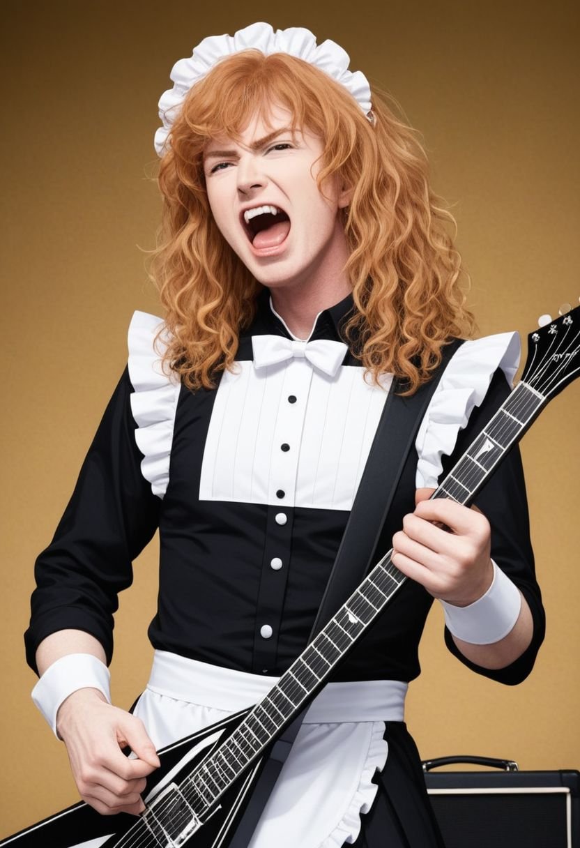 dave_mustaine, red hair, curly hair, solo male, young man, maid dress, anime maid, smile, big eyes, crossdressing, guitar, beer, screaming