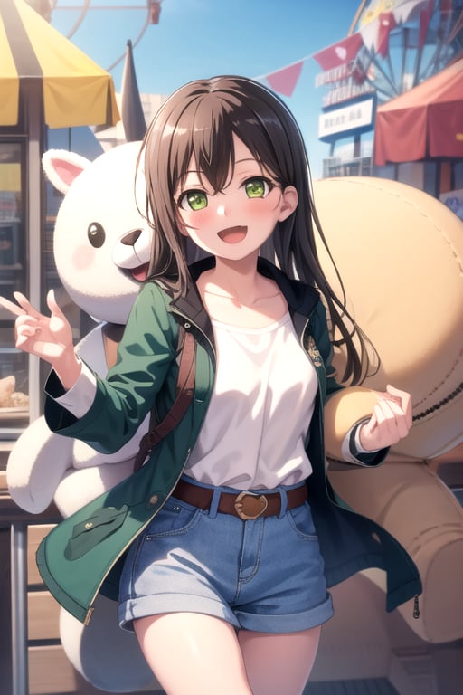 <lora:TAE-05:0.7> ,TAE, 1girl, solo, long hair, looking at viewer, blush, smile, open mouth, brown hair, shirt, black hair, long sleeves, green eyes, collarbone, jacket, white shirt, :d, outdoors, sky, day, belt, stuffed toy, stuffed animal, +_+, ferris wheel