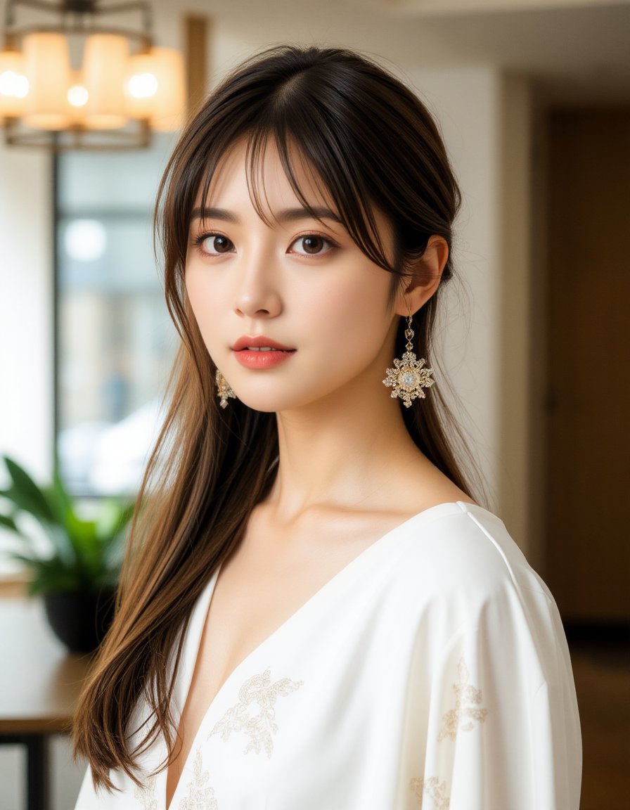 best quality, masterpiece, raw photo of a female in white dress, close up face, brown hair, fashion accessories, looking at viewer, indoor, day time, professional photo, high contrast exposure, soft bokeh, high key light, hard shadow, soft bokeh, simple background, white background,  <lora:hinaFluxAsianMixLora-schnell_v2:0.9>