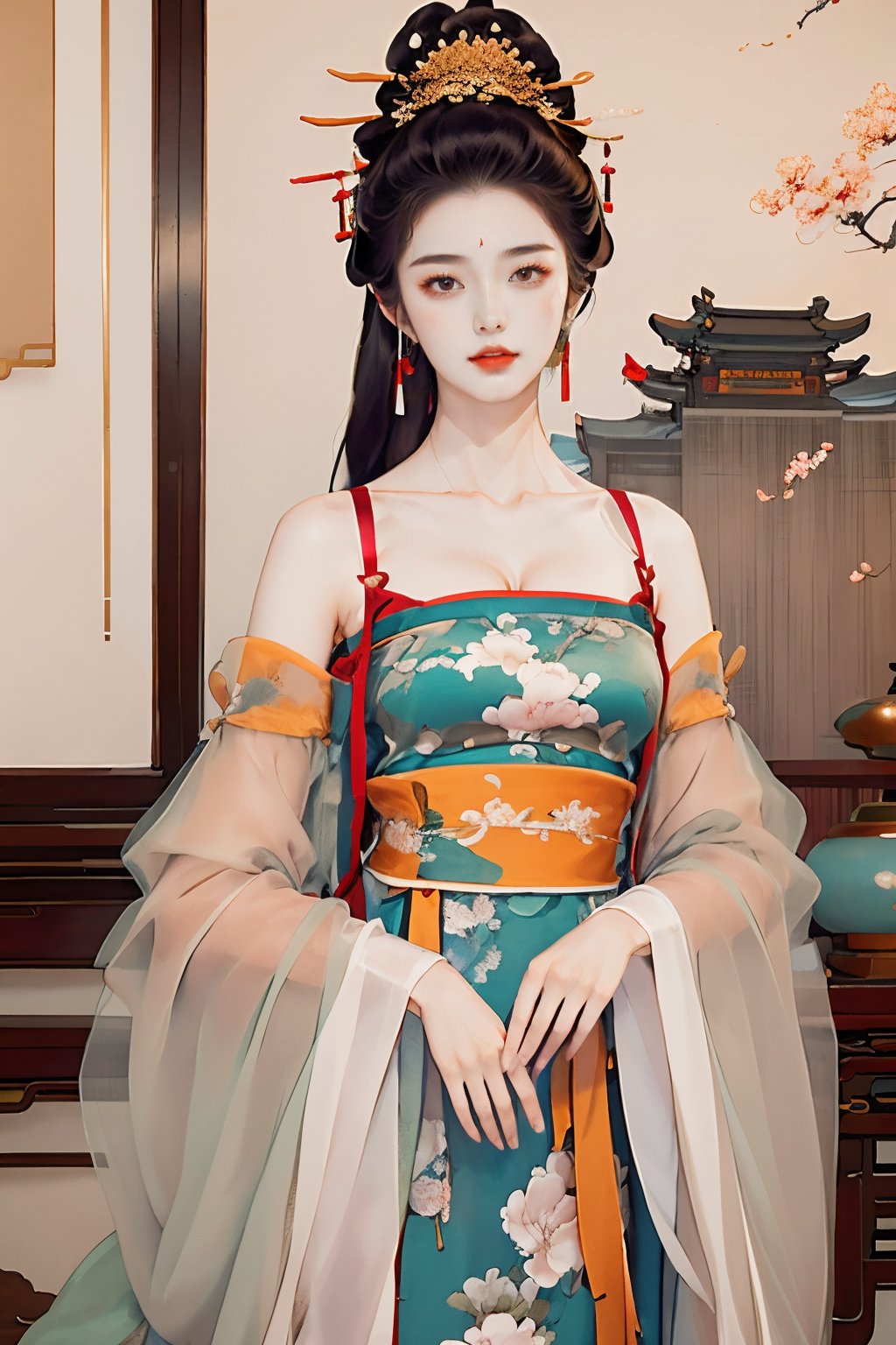 gufeng02,1girl,solo,jewelry,chinese clothes,hair flower,dress,looking at viewer,upper body,wide sleeves,indoors,collarbone,breasts,sash,<lora:gufeng2-1.5:1>,, masterpiece, best quality,