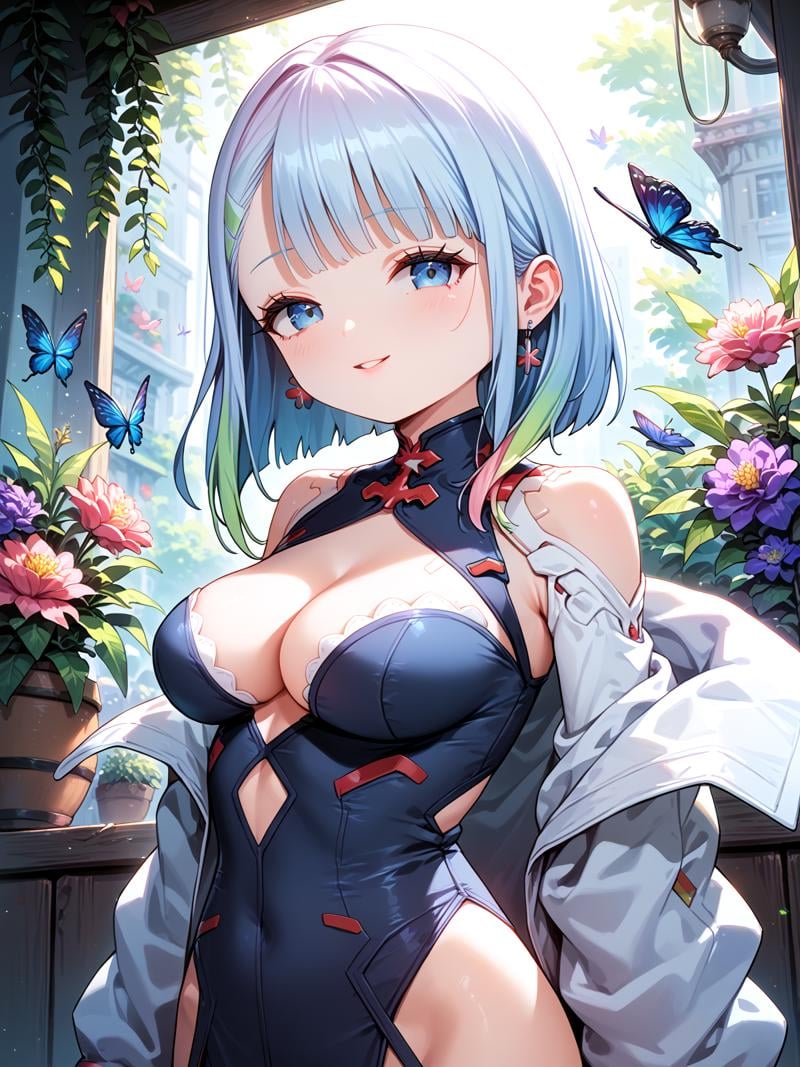 score_anime, score_9, score_8_up, score_7_up, masterpiece, beautiful scenery, floral background,<lora:BorschtP:1> BorschtP, 1girl, solo, (upper body:1.3), cyberpunk \(series\), lucy \(cyberpunk\), bare shoulders, blue eyes, blue hair, breasts, bug, butterfly, cleavage, cleavage cutout, clothing cutout, collared shirt, dress, earrings, flower, jewelry, large breasts, long sleeves, multicolored hair, parted lips, purple flower, purple hair, shirt, short hair, sleeveless, sleeveless dress, smile