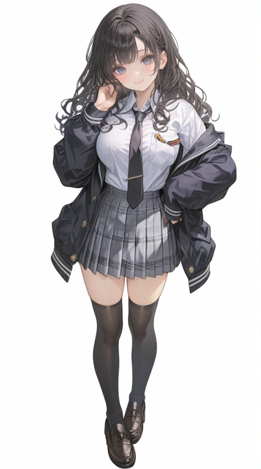 (best quality), ((masterpiece)), (highres), illustration, original, extremely detailed,  <lora:幻想华服萝莉:0.6>1girl, solo, skirt, shirt, necktie, full body, long hair, thighhighs, white shirt, black hair, white background, jacket, black footwear, collared shirt, simple background, pleated skirt, shoes, shirt tucked in, looking at viewer, school uniform, open clothes, long sleeves, black necktie, black thighhighs, black jacket, standing, smile, breasts, grey eyes, closed mouth, miniskirt, hand up, open jacket, zettai ryouiki, loafers, parted bangs, grey skirt, bangs, over-kneehighs, blazer, pocket, plaid skirt, large breasts