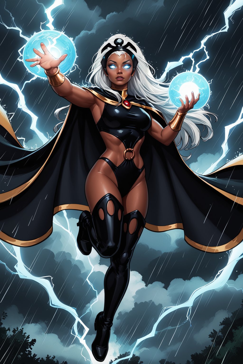 score_9, score_8_up, score_7_up, masterpiece, high quality <lora:Storm ClassicPonyLoRA:0.8>strm, dark-skinned female, long hair, white eyes, no pupils, glowing eyes, headgear, tiara, cape, bracer, leotard, o-ring, highleg, thighs, thigh boots, lightning, floating, electricity, rain, magic, energy ball