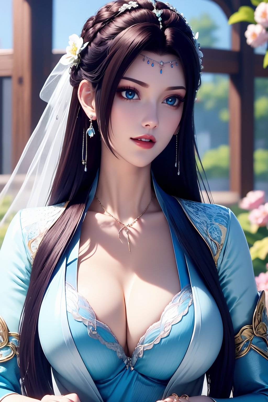 1girl, jewelry, solo, breasts, earrings, upper body, long hair, blue eyes, hair ornament, cleavage, black hair, ring, dress, parted lips, large breasts, bra, flower, blurry background, white dress, hair flower, veil, blurry, teeth, collarbone, brown hair, necklace, blue bra, indoors, lips