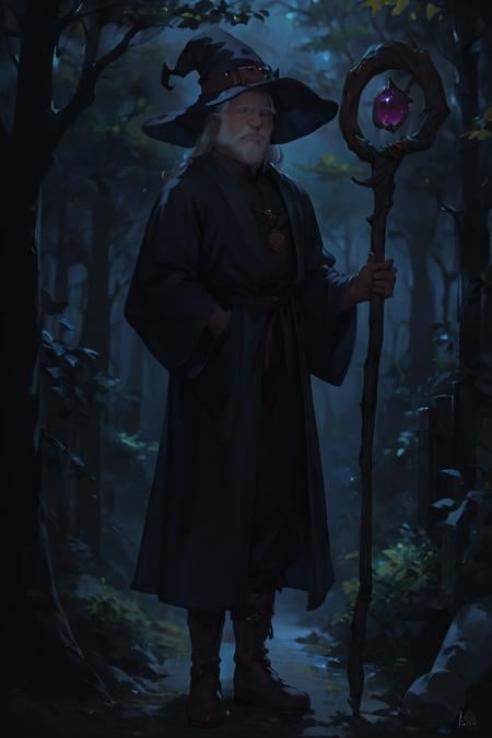 score_9, score_8_up, score_7_up, dark theme, low light, wizard, old, 1boy, old man, male focus, hat, beard, solo, staff, witch hat, facial hair, forest, nature, robe, long hair, looking at viewer, tree, holding, white hair, outdoors, holding staff, boots <lora:Anime Summer Night Style SDXL_LoRA_Pony Diffusion V6 XL:1>