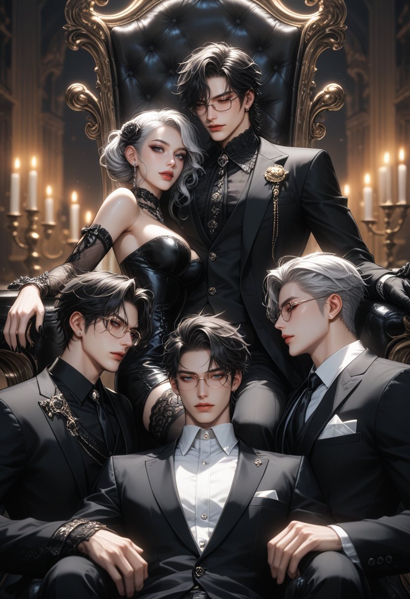 score_9, score_8_up, score_7_up, anime style, elegant gothic group, three characters, dark-haired woman sitting on a throne, wearing black and white formal attire, mysterious expression, two men standing beside her, one with messy dark hair, the other with silver hair and glasses, both wearing dark suits, aristocratic setting, dim lighting, luxurious furniture, dark gothic atmosphere, candlelit room, vintage portrait on the wall, intricate details, reflective polished floors, fantasy romance, subtle tension, power dynamics, elegant and stylish, BREAK, close-up details on clothing, refined poses