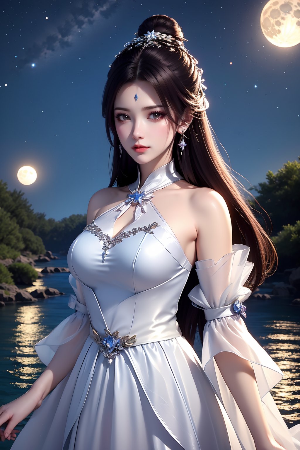 1girl, solo, moon, night, long hair, sky, dress, star \(sky\), earrings, jewelry, forehead mark, white dress, night sky, hair bun, facial mark, bare shoulders, black hair, full moon, brown hair, upper body, water, starry sky, hair ornament, looking at viewer, breasts, closed mouth, outdoors, single hair bun, detached sleeves, star \(symbol\)