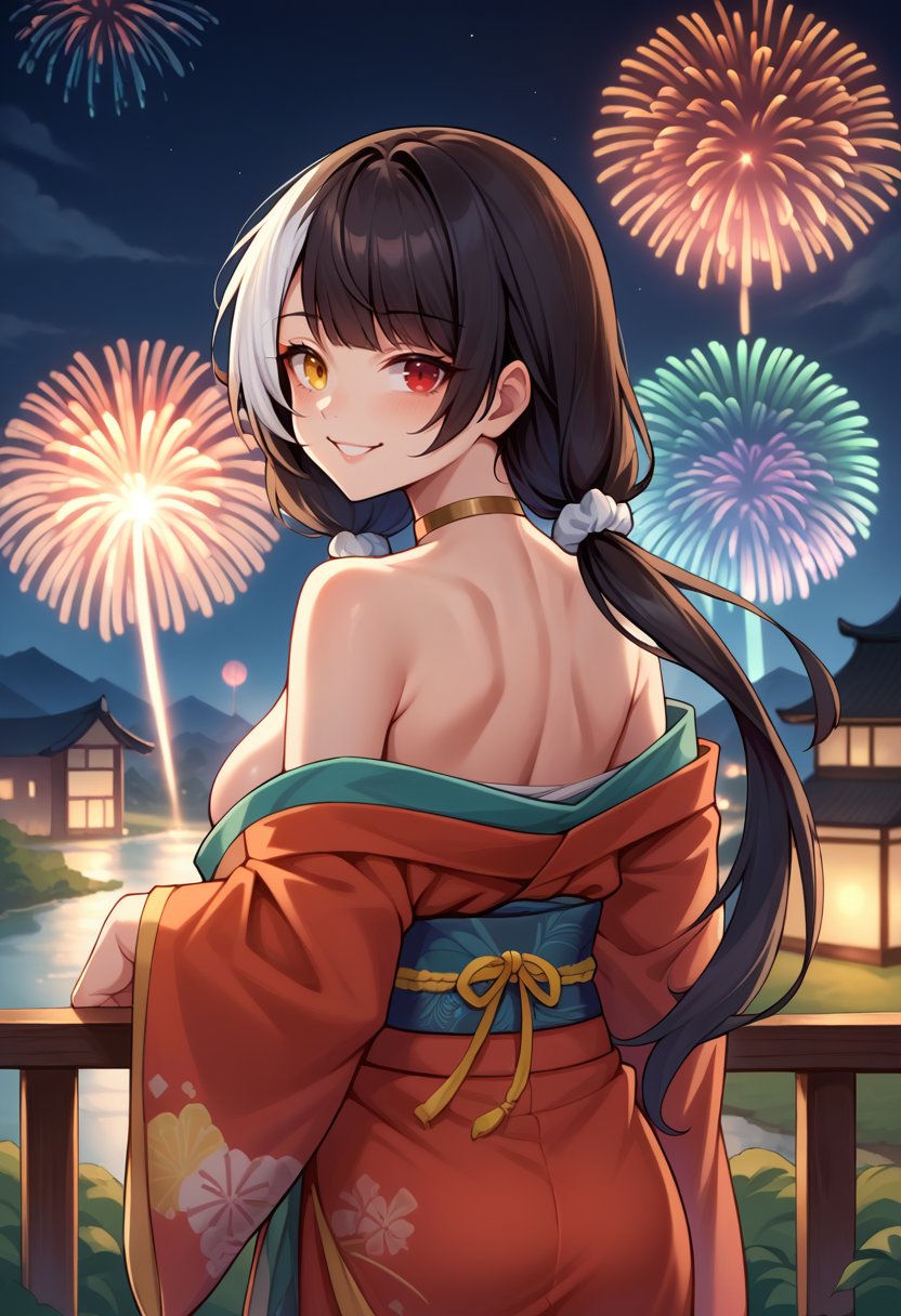 score_9,score_8_up,score_7_up BREAK 1girl,jeloroeotl,solo,night,fireworks,from behind,black hair,streaked hair,low twintails,hair scrunchie,red eyes,heterochromia,yellow eyes,choker,kimono,off shoulder,looking back,smile,happy,<lora:Ro635-JeloXL-000007:1>,