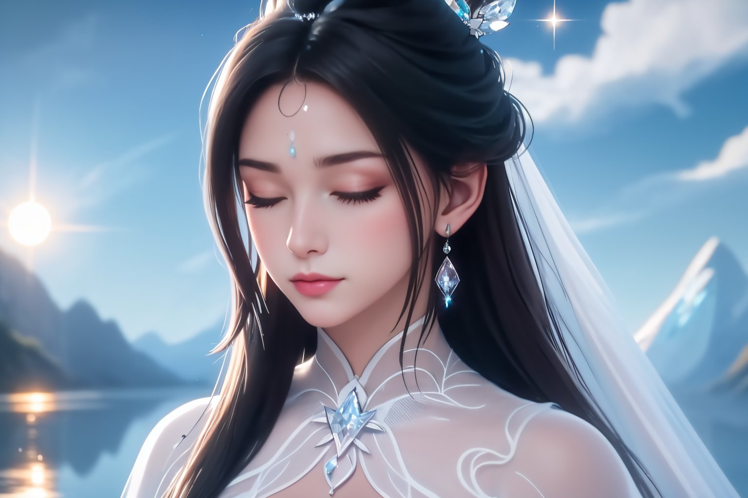 RAW photo,8k uhd,1girl,head_down,black hair,eyes_closed,hair down to chest,dress,jewelry,upper body,earrings,sky,forehead mark,white dress,crystal shard,unreal background,catfish bangs,very long hair,hair ornament,sunshine,masterpiece,<lora:lbc_luxueqi_240331_v1.1-000009:0.8>,