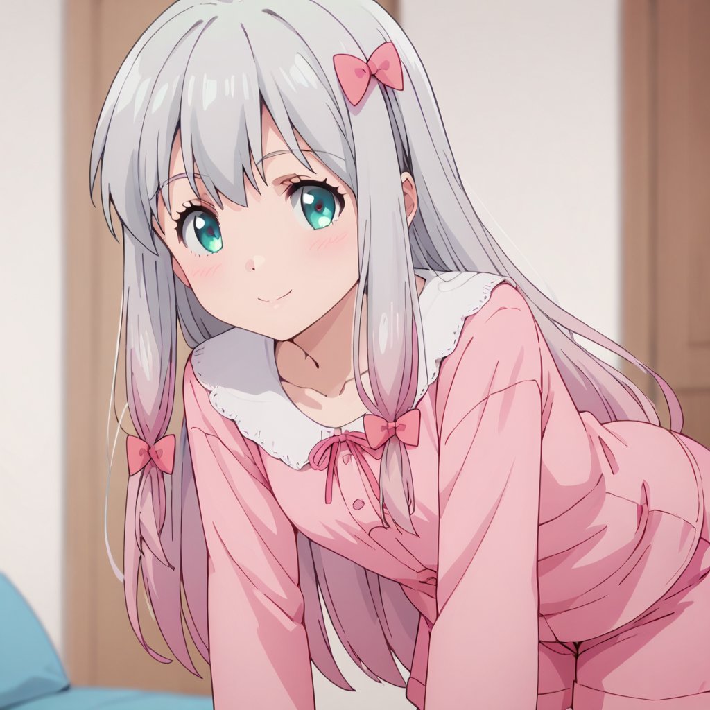 score_9, score_8_up, score_7_up, score_6_up, score_5_up, score_4_up, source_anime,koizumi yogiri, long hair, grey hair, aqua eyes, grey hair, pink hair, multicolored hair,1girl, pajamas, long hair, solo, bow, hair bow, pink bow, smile, looking at viewer, pink pajamas, blush, shorts, pink shorts, closed mouth, long sleeves, shirt, pink shirt, leaning forward, collarbone,masterpiece, perfect face, best quality, beautiful girl, blurry background, cute girl, beautiful eyes, shiny eyes, anime coloring, anime screencap, absurdres,  <lora:koizumi yogiri nova:0.7>