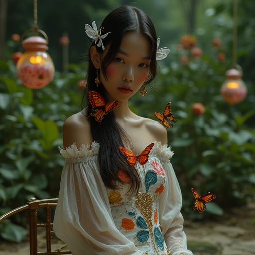 bug, upper body, sitting, butterfly, earrings, lantern, black hair, heterochromia, scenery