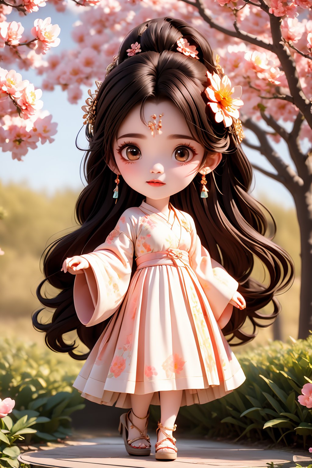 1girl, solo, hair ornament, chibi, black long hair, hair flower, looking at viewer, jewelry, floral print, earrings, full body, brown eyes, wide sleeves, standing, outdoors, peach tree and peach blossom,