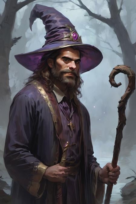 score_9, score_8_up, score_7_up, rating_safe, digital art, realistic, 1boy, solo, male focus, mature male, wizard, long hair, brown hair, black eyes, looking at viewer, hat, facial hair, beard, mustache, staff, wizard hat, purple hat, shirt, collared shirt, robe, purple robe, cloak, holding, holding staff, upper body, standing, outdoors, forest, nature, tree, fog, dark background <lora:Digital Art Style SDXL_LoRA_Pony Diffusion V6 XL:0.8>