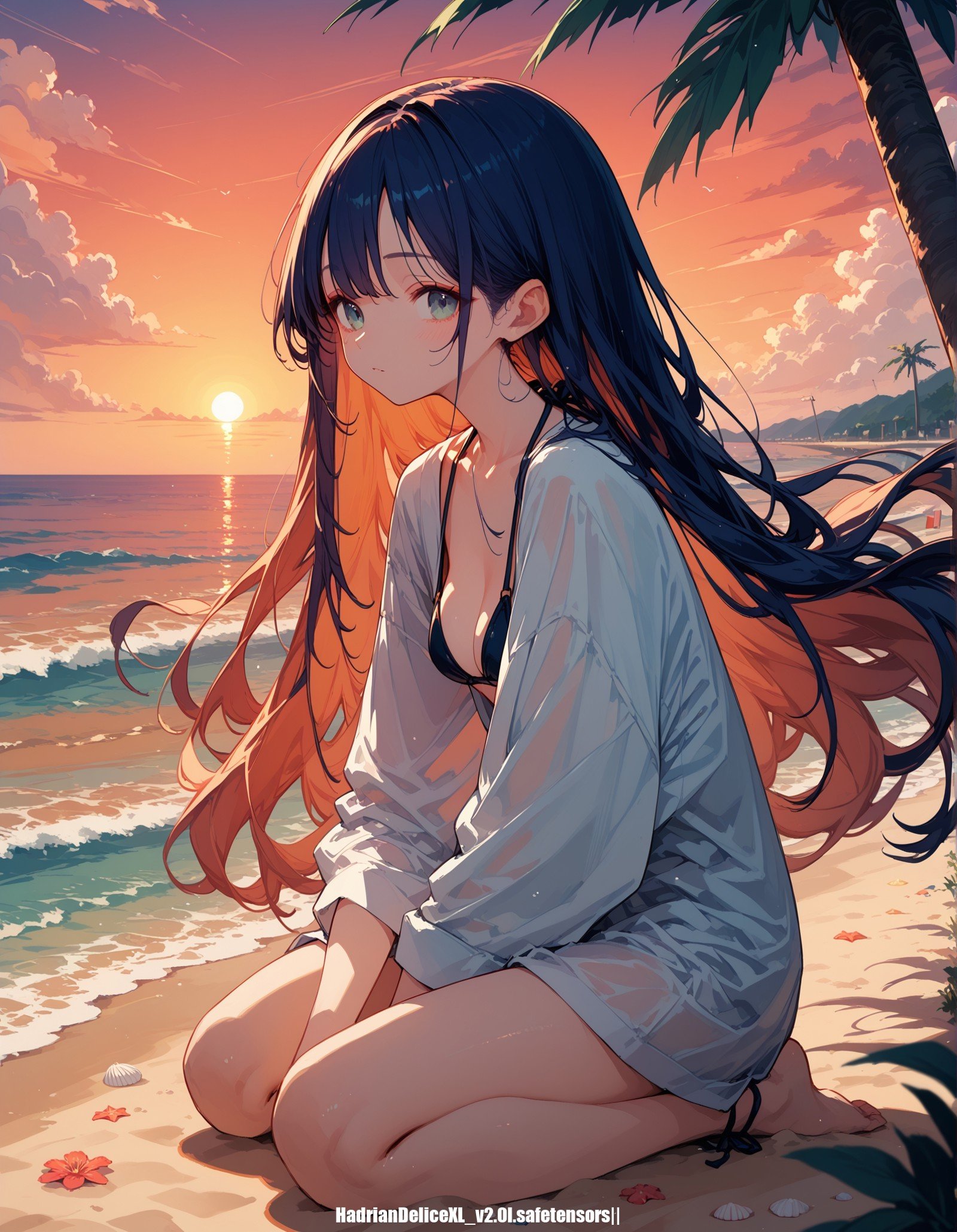 score_9,score_8_up,score_7_up, hadrian, 1girl kneeling on beach, sunset,silhouette,long hair,bikini inside long shirt