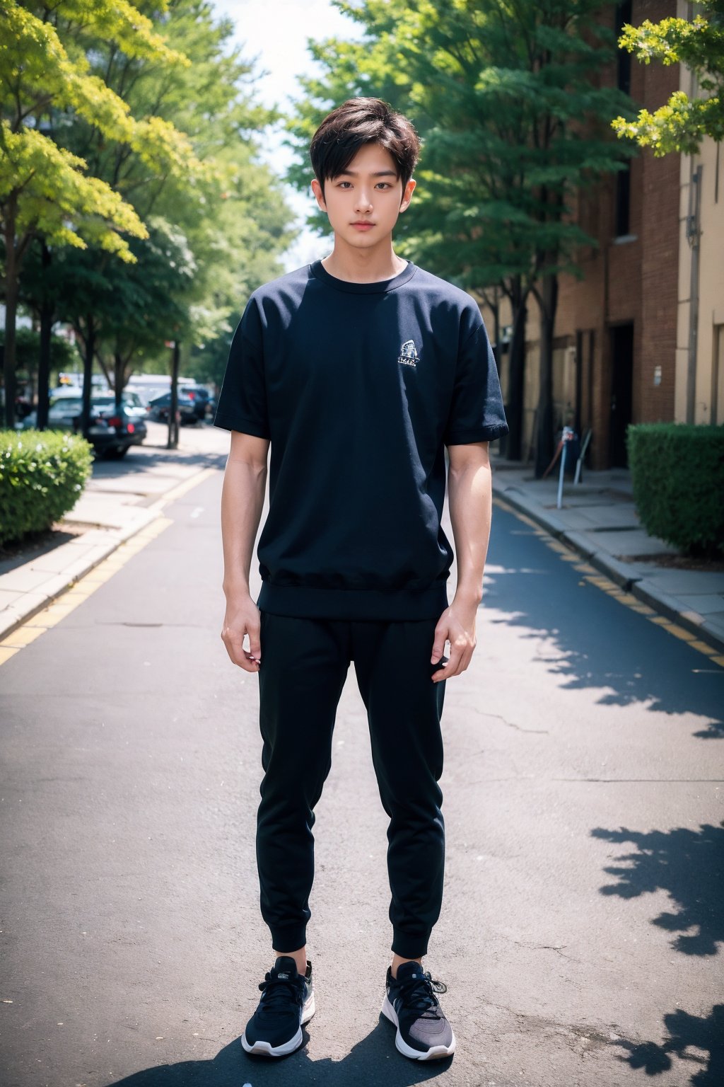 1boy, male focus, realistic, looking at viewer, outdoors, short sleeve sweatshirt pants, road, standing, tree, shoes, full body, solo focus, short hair, day, photorealistic, street,