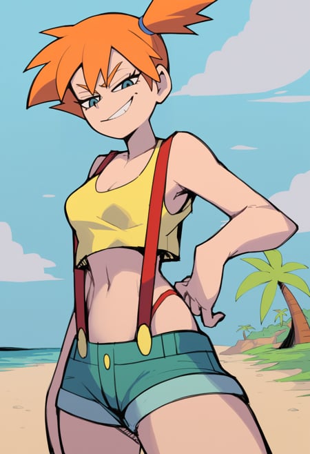 score_9, score_8_up, score_7_up, score_6_up, score_5_up, score_4_up, BREAKmisty \(pokemon\), orange hair, wearing a yellow crop top and a short shorts, thong, suspenders, challenging the viewer, smirk, standing BREAKsand, sea, blue sky, tropical island background  <lora:VanripArtXLLocon:1>