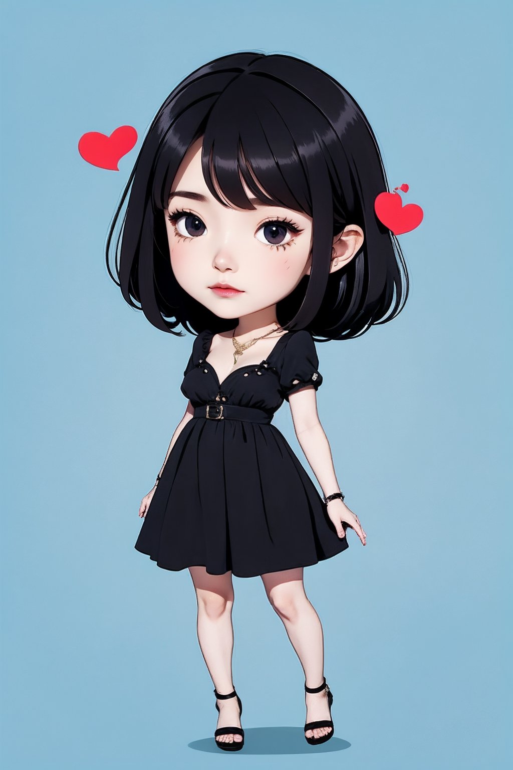 <lora:AgainChibiLora_v1:1>,1girl, 1boy, solo, mole under eye, jewelry, mole, heart, black hair, necklace, dress, black eyes, black dress, black footwear, full body, breasts,