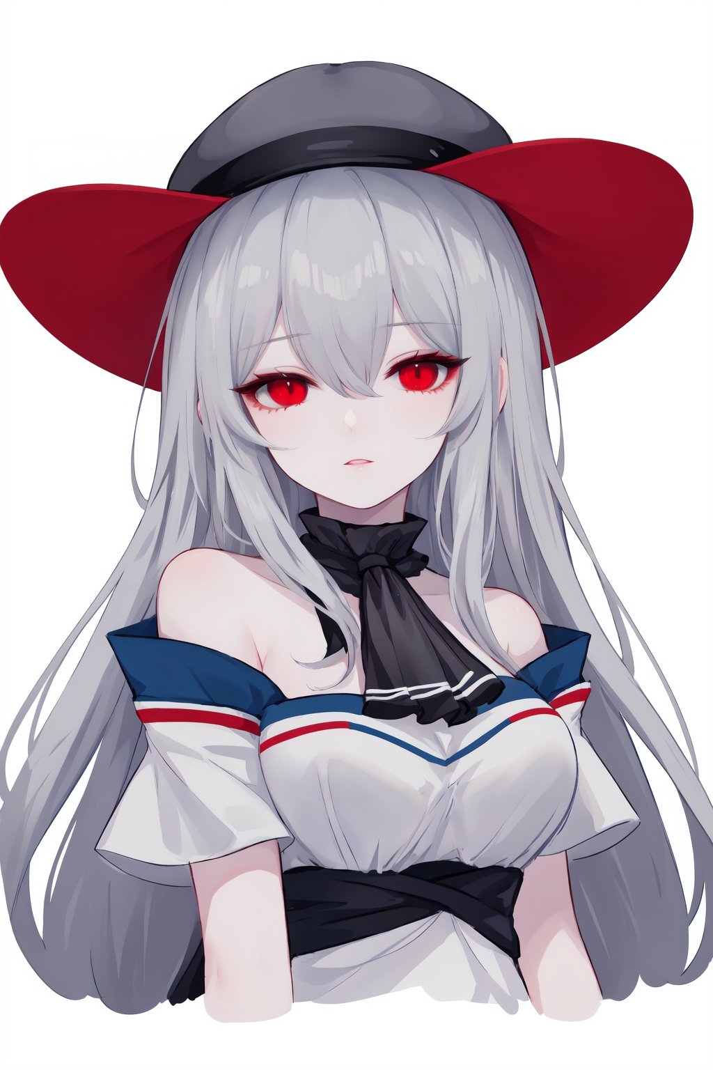 1girl,solo,skadi \(arknights\),long hair,red eyes,bare shoulders,upper body,white background,simple background,grey hair,looking at viewer,black ascot,hair between eyes,bangs,ascot,breasts,no headwear,medium breasts,shirt,she style,ths97f,65setutyh4,ae45ngol4,