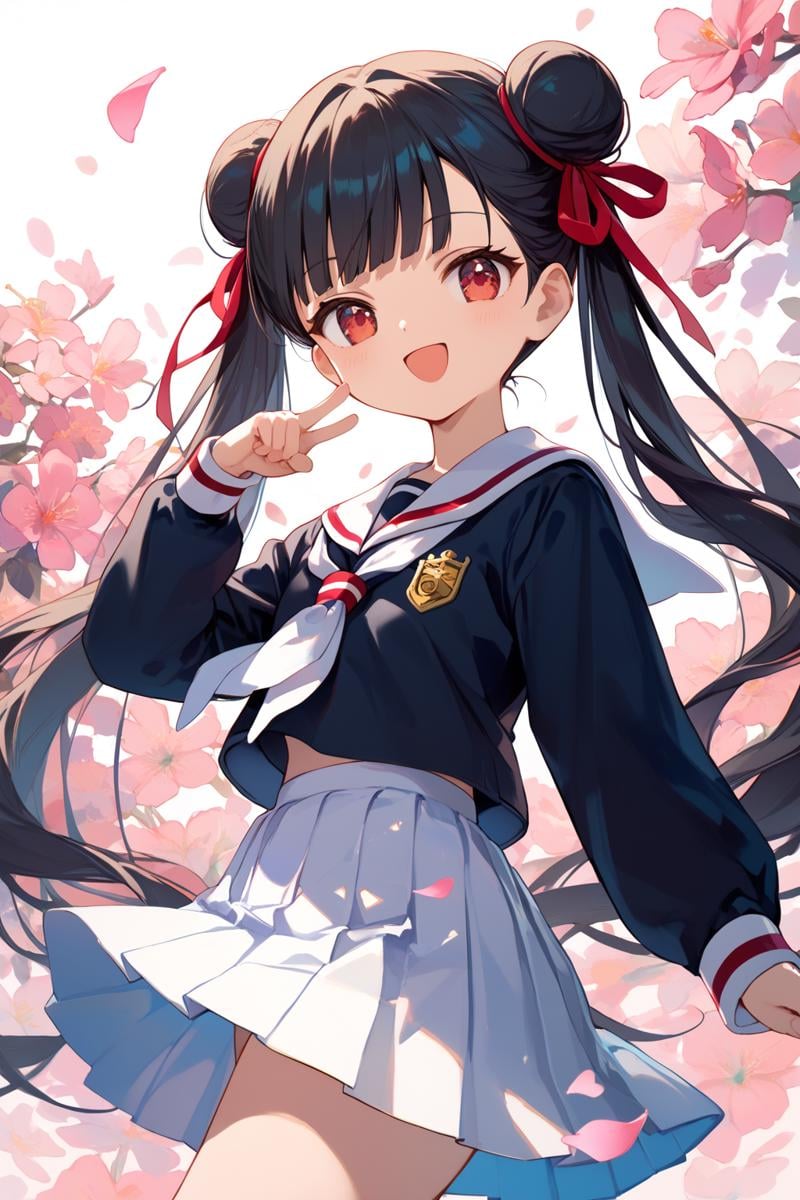 score_9, score_8_up, score_7_up, source_anime,simple background, flower petal,cowboy shot, close up,pointing, open smile, standing on one leg<lora:meiling_autismConfetti_v01:1>li meiling, black hair, very long hair, twintails, double bun,  red eyes, tomoeda elementary school uniform,  black shirt, sailor collar, school uniform,  white sailor collar, long sleeves, white skirt, pleated skirt, white neckerchief,, zPDXL