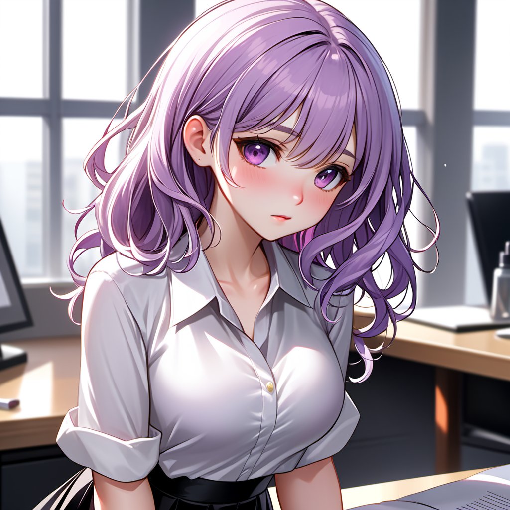 Masterpiece, high quality,1 pretty, lovely girl, white skin, light purple hair, shoulder-length hair, light curls, wearing a white shirt and a long black pencil skirt, ((((sad)))), Super Detail, Full HD