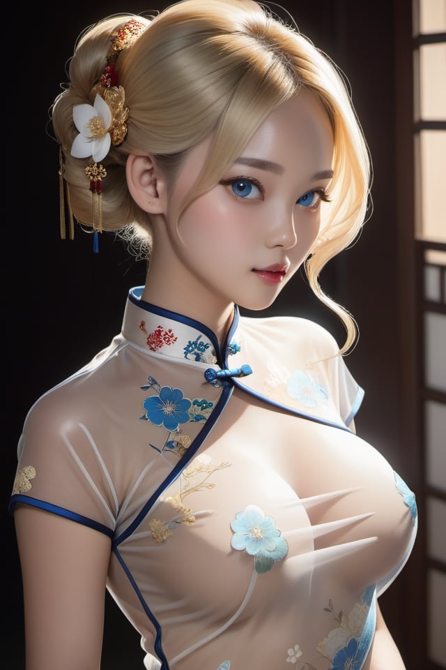 extremely high quality,1girl,PERFECT FACE,blond hair,hair ornament,blue  eyes,see-through,print_cheongsam,jewelry,medium breasts,elegant,cowboy_shot,looking at viewer,<lora:lbc_ST_print_cheongsam_XL:0.7>,movie grade light and shadow,simple background,human anatomy aesthetics,