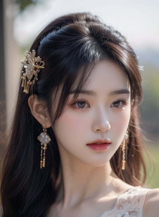 Dirich mod, solo , realistic, simple background, 1 girl, looking at viewer, outdoors, jewelry, earrings, long hair, hair ornament， <lora:国潮娇媚感美女:1.3> <lora:增加细节SYK_Mild_detail_adjuster_V1.0_4（MINI）:1.3>